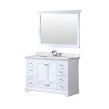 Load image into Gallery viewer, Lexora LD342248SADSM46F Dukes 48&quot; White Single Vanity, White Carrara Marble Top, White Square Sink and 46&quot; Mirror w/ Faucet