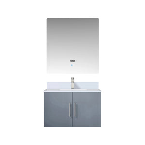 Lexora LG192230DBDSLM30 Geneva 30" Dark Grey Single Vanity, White Carrara Marble Top, White Square Sink and 30" LED Mirror