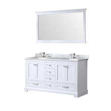 Load image into Gallery viewer, Lexora LD342260DADSM58F Dukes 60&quot; White Double Vanity, White Carrara Marble Top, White Square Sinks and 58&quot; Mirror w/ Faucets