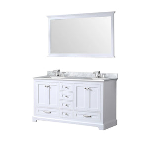 Lexora LD342260DADSM58F Dukes 60" White Double Vanity, White Carrara Marble Top, White Square Sinks and 58" Mirror w/ Faucets