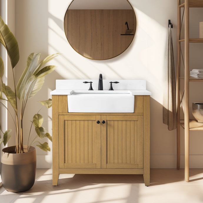 Design Element BK-36-OKM Burbank 36-in Oak Farmhouse Single Sink Bathroom Vanity with White Quartz Top
