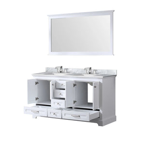 Lexora LD342260DADSM58F Dukes 60" White Double Vanity, White Carrara Marble Top, White Square Sinks and 58" Mirror w/ Faucets