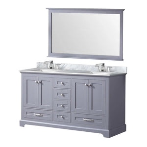 Lexora LD342260DBDSM58F Dukes 60" Dark Grey Double Vanity, White Carrara Marble Top, White Square Sinks and 58" Mirror w/ Faucets
