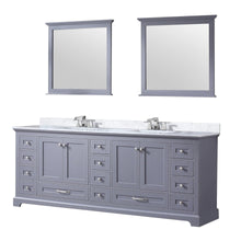 Load image into Gallery viewer, Lexora LD342284DBDSM34F Dukes 84&quot; Dark Grey Double Vanity, White Carrara Marble Top, White Square Sinks and 34&quot; Mirrors w/ Faucets