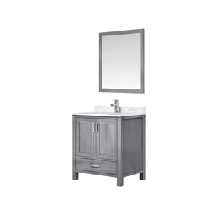 Lexora LJ342230SDDSM28F Jacques 30" Distressed Grey Single Vanity, White Carrara Marble Top, White Square Sink and 28" Mirror w/ Faucet