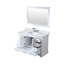 Load image into Gallery viewer, Lexora LD342248SADSM46F Dukes 48&quot; White Single Vanity, White Carrara Marble Top, White Square Sink and 46&quot; Mirror w/ Faucet