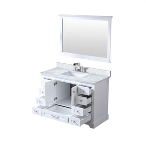 Lexora LD342248SADSM46F Dukes 48" White Single Vanity, White Carrara Marble Top, White Square Sink and 46" Mirror w/ Faucet