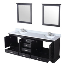 Load image into Gallery viewer, Lexora LD342280DGDSM30F Dukes 80&quot; Espresso Double Vanity, White Carrara Marble Top, White Square Sinks and 30&quot; Mirrors w/ Faucets
