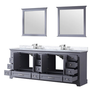 Lexora LD342284DBDSM34F Dukes 84" Dark Grey Double Vanity, White Carrara Marble Top, White Square Sinks and 34" Mirrors w/ Faucets