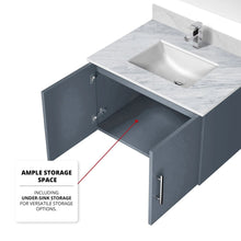 Load image into Gallery viewer, Lexora LG192230DBDSLM30 Geneva 30&quot; Dark Grey Single Vanity, White Carrara Marble Top, White Square Sink and 30&quot; LED Mirror