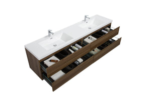 LAVIVA 313AUR-84DSW-GW Aurora 84" Smokey Walnut Wall Hung Double Sink Bathroom Vanity with White Acrylic Countertop