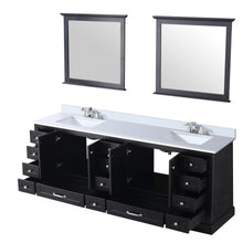 Load image into Gallery viewer, Lexora LD342284DGDSM34F Dukes 84&quot; Espresso Double Vanity, White Carrara Marble Top, White Square Sinks and 34&quot; Mirrors w/ Faucets