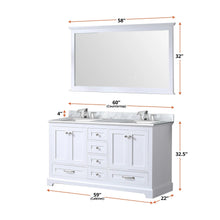 Load image into Gallery viewer, Lexora LD342260DADSM58 Dukes 60&quot; White Double Vanity, White Carrara Marble Top, White Square Sinks and 58&quot; Mirror