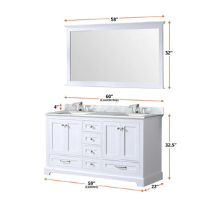 Lexora LD342260DADSM58 Dukes 60" White Double Vanity, White Carrara Marble Top, White Square Sinks and 58" Mirror