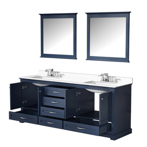 Lexora LD342280DEDS000 Dukes 80" Navy Blue Double Vanity, White Carrara Marble Top, White Square Sinks and no Mirror