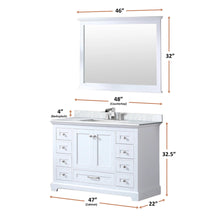 Load image into Gallery viewer, Lexora LD342248SADSM46F Dukes 48&quot; White Single Vanity, White Carrara Marble Top, White Square Sink and 46&quot; Mirror w/ Faucet