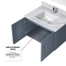 Load image into Gallery viewer, Lexora LG192230DBDSLM30F Geneva 30&quot; Dark Grey Single Vanity, White Carrara Marble Top, White Square Sink and 30&quot; LED Mirror w/ Faucet