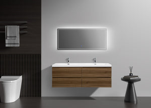 LAVIVA 313AUR-60DSW-GW Aurora 60" Smokey Walnut Wall Hung Double Sink Bathroom Vanity with White Acrylic Countertop