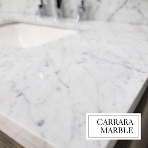 Lexora LD342284DGDSM34F Dukes 84" Espresso Double Vanity, White Carrara Marble Top, White Square Sinks and 34" Mirrors w/ Faucets