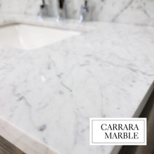Load image into Gallery viewer, Lexora LJ342230SADSM28 Jacques 30&quot; White Single Vanity, White Carrara Marble Top, White Square Sink and 28&quot; Mirror