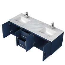 Load image into Gallery viewer, Lexora LG192260DEDSLM60F Geneva 60&quot; Navy Blue Double Vanity, White Carrara Marble Top, White Square Sinks and 60&quot; LED Mirror w/ Faucets