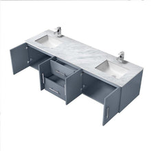 Load image into Gallery viewer, Lexora LG192272DBDSLM30F Geneva 72&quot; Dark Grey Double Vanity, White Carrara Marble Top, White Square Sinks and 30&quot; LED Mirrors w/ Faucets