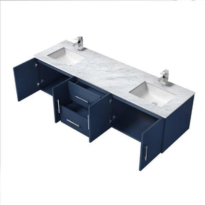 Lexora LG192272DEDSLM30 Geneva 72" Navy Blue Double Vanity, White Carrara Marble Top, White Square Sinks and 30" LED Mirrors