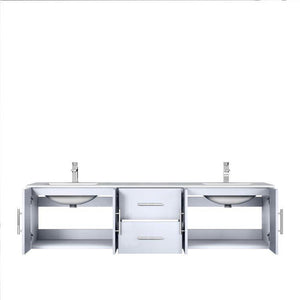 Lexora LG192272DMDSLM30F Geneva 72" Glossy White Double Vanity, White Carrara Marble Top, White Square Sinks and 30" LED Mirrors w/ Faucets