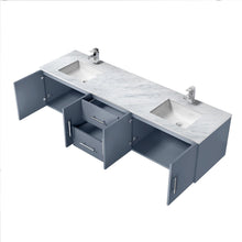 Load image into Gallery viewer, Lexora LG192280DBDSLM30F Geneva 80&quot; Dark Grey Double Vanity, White Carrara Marble Top, White Square Sinks and 30&quot; LED Mirrors w/ Faucets