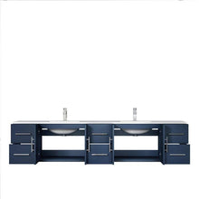 Load image into Gallery viewer, Lexora LG192284DEDSLM36 Geneva 84&quot; Navy Blue Double Vanity, White Carrara Marble Top, White Square Sinks and 36&quot; LED Mirrors