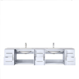Lexora LG192284DMDSLM36F Geneva 84" Glossy White Double Vanity, White Carrara Marble Top, White Square Sinks and 36" LED Mirrors w/ Faucets