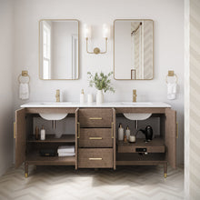 Load image into Gallery viewer, Fresca FCB4472MBIR-CWH-U Sawyer 72&quot; Freestanding Bathroom Cabinet with Top &amp; Sinks in Mocha Birch