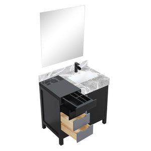 Lexora LZ342236SLISM30FCM Zilara 36" Black and Grey Vanity, Castle Grey Marble Top, White Square Sink, Cascata Nera Matte Black Faucet Set, and 30" Frameless Mirror