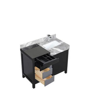 Lexora LZ342242SLISFMC Zilara 42" Black and Grey Vanity, Castle Grey Marble Top, White Square Sink, and Monte Chrome Faucet