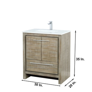 Lexora LLF30SKSOS000FGM Lafarre 30" Rustic Acacia Bathroom Vanity, White Quartz Top, White Square Sink, and Balzani Gun Metal Faucet Set