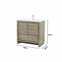 Load image into Gallery viewer, Lexora LLF36SKSOSM28FBN Lafarre 36&quot; Rustic Acacia Bathroom Vanity, White Quartz Top, White Square Sink, Labaro Brushed Nickel Faucet Set, and 28&quot; Frameless Mirror