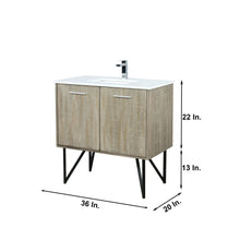 Load image into Gallery viewer, Lexora LLC36SKSOSM28FCH Lancy 36&quot; Rustic Acacia Bathroom Vanity, White Quartz Top, White Square Sink, Monte Chrome Faucet Set, and 28&quot; Frameless Mirror