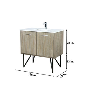 Lexora LLC36SKSOSM28FCH Lancy 36" Rustic Acacia Bathroom Vanity, White Quartz Top, White Square Sink, Monte Chrome Faucet Set, and 28" Frameless Mirror