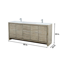 Load image into Gallery viewer, Lexora LLF80DKSODM70FBN Lafarre 80&quot; Rustic Acacia Double Bathroom Vanity, White Quartz Top, White Square Sinks, Labaro Brushed Nickel Faucet Set, and 70&quot; Frameless Mirror