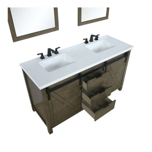Lexora LM342260DKCSM24F Marsyas 60" Rustic Brown Double Vanity, White Quartz Top, White Square Sinks and 24" Mirrors w/ Faucets