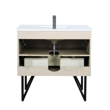 Load image into Gallery viewer, Lexora LLC36SKSOSM28FGM Lancy 36&quot; Rustic Acacia Bathroom Vanity, White Quartz Top, White Square Sink, Balzani Gun Metal Faucet Set, and 28&quot; Frameless Mirror