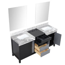 Load image into Gallery viewer, Lexora LZ342272DLISM28 Zilara 72&quot; Black and Grey Double Vanity, Castle Grey Marble Tops, White Square Sinks, and 28&quot; Frameless Mirrors