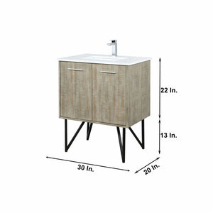 Lexora LLC30SKSOSM28FCH Lancy 30" Rustic Acacia Bathroom Vanity, White Quartz Top, White Square Sink, Monte Chrome Faucet Set, and 28" Frameless Mirror