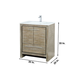 Lexora LLF30SKSOSM28FRG Lafarre 30" Rustic Acacia Bathroom Vanity, White Quartz Top, White Square Sink, Labaro Rose Gold Faucet Set, and 28" Frameless Mirror