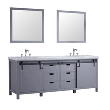 Load image into Gallery viewer, Lexora LM342284DBBSM34F Marsyas 84&quot; Dark Grey Double Vanity, White Carrara Marble Top, White Square Sinks and 34&quot; Mirrors w/ Faucets