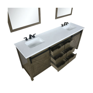 Lexora LM342284DKCSM34F Marsyas 84" Rustic Brown Double Vanity, White Quartz Top, White Square Sinks and 34" Mirrors w/ Faucets