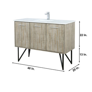 Lexora LLC48SKSOSM43FGM Lancy 48" Rustic Acacia Bathroom Vanity, White Quartz Top, White Square Sink, Balzani Gun Metal Faucet Set, and 43" Frameless Mirror