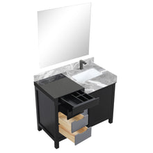 Load image into Gallery viewer, Lexora LZ342242SLISM34FBG Zilara 42&quot; Black and Grey Vanity, Castle Grey Marble Top, White Square Sink, Balzani Gun Metal Faucet Set, and 34&quot; Frameless Mirror