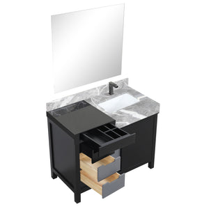 Lexora LZ342242SLISM34FBG Zilara 42" Black and Grey Vanity, Castle Grey Marble Top, White Square Sink, Balzani Gun Metal Faucet Set, and 34" Frameless Mirror