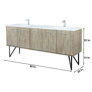 Lexora LLC80DKSOSM70FGM Lancy 80" Rustic Acacia Double Bathroom Vanity, White Quartz Top, White Square Sinks, Balzani Gun Metal Faucet Set, and 70" Frameless Mirror